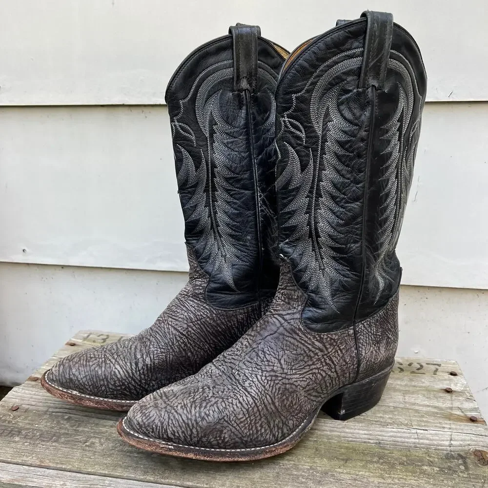 Vintage Tony Lama gray textured leather almond toe cowboy boots 8 1/2 D